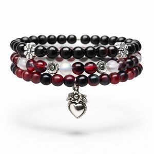 Layered Black & Red Beaded Stack Bracelet with Silver Heart Charm